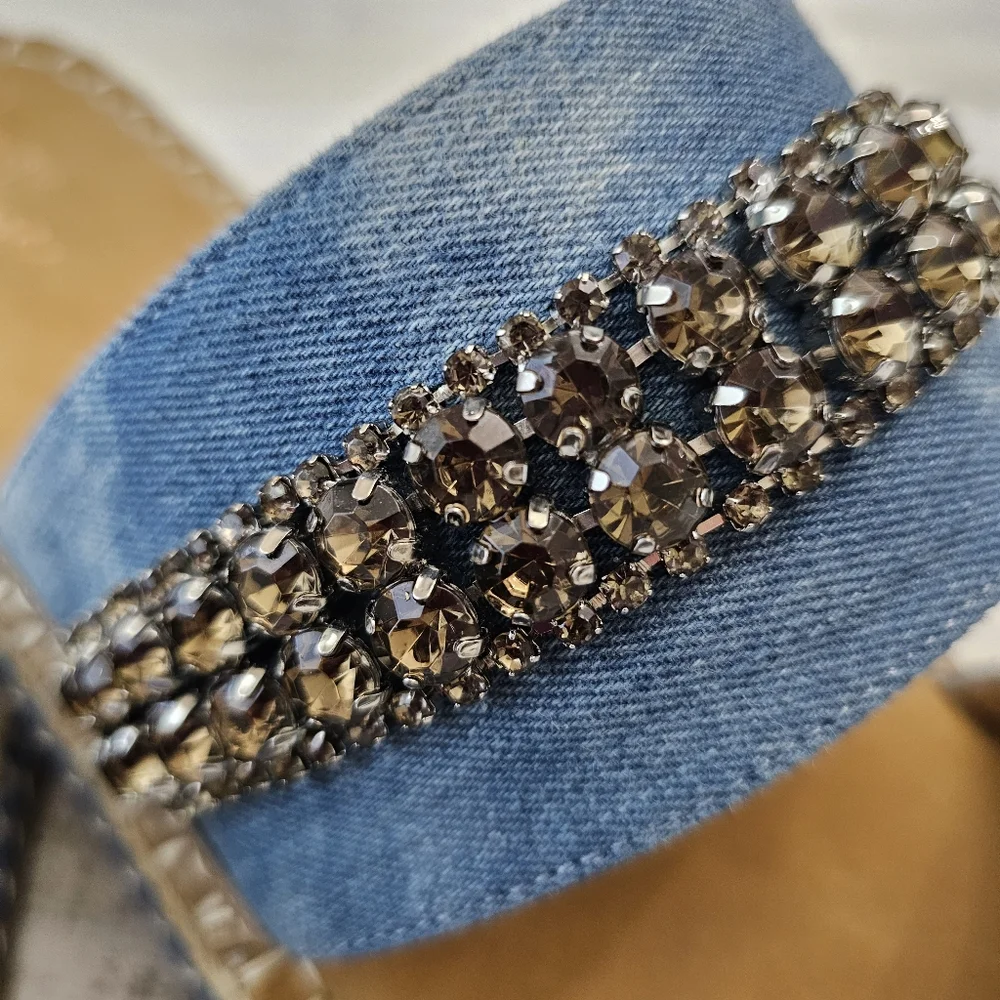 Nwob Crown Vintage Blue Denim Sandal Slides with Rhinestone Accent